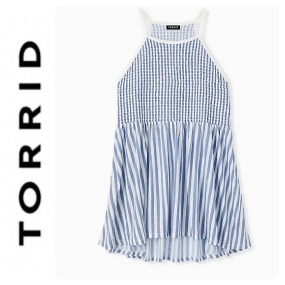 Blue and White Striped High Neck Smocked Top - 00‎ - Picture 1 of 11